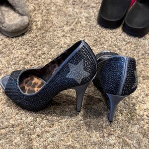 Elegant Navy Blue Rhinestone Peep-Toe Heels